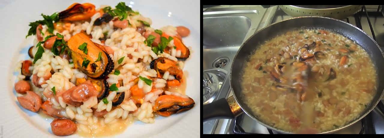 Risotto con cozze , patate e fagioli aromatizzato allo zafferano