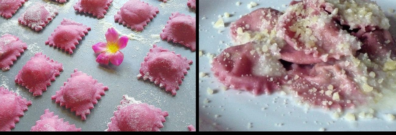 Ravioli di Barbabietola e farina fatti in casa ripieni di ricotta