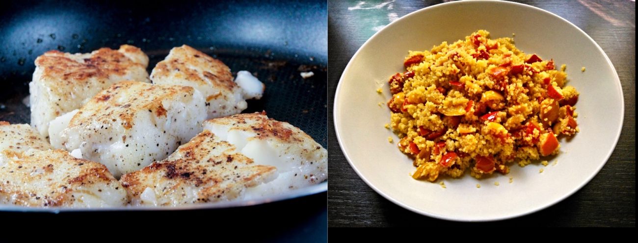 Merluzzo con contorno di  cous cous di peperoni