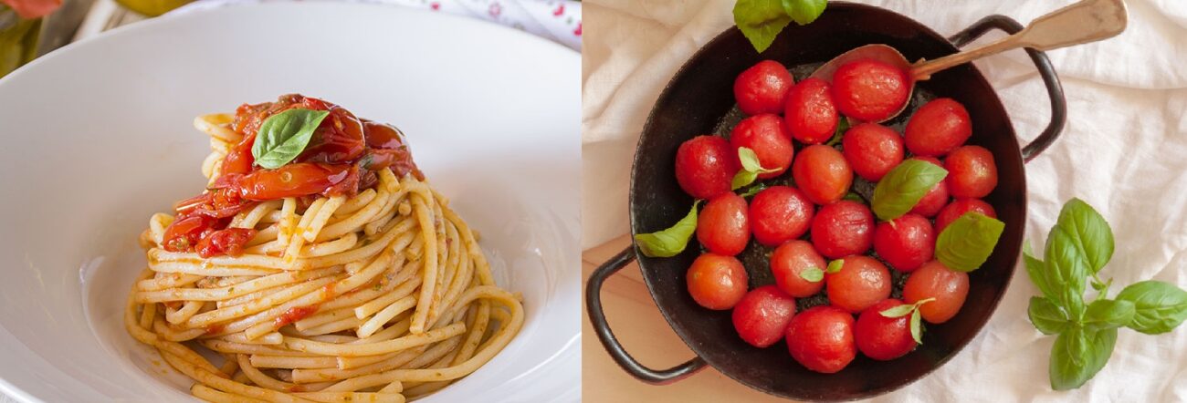 Spaghetti al pesto di rucola  con pomodorini, mandorle e ricotta