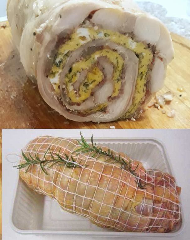 Coniglio arrosto, disossato, arrotolato e cotto al forno