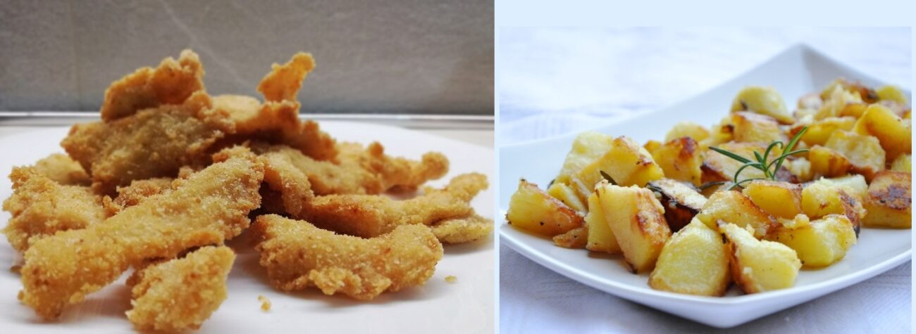 Pollo in Tempura con patate in padella